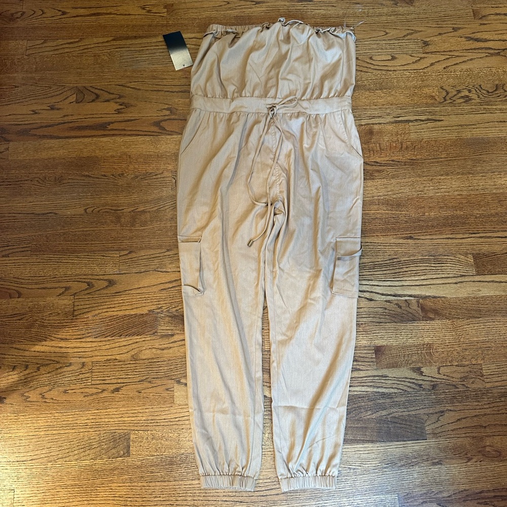 Bebe Tan Jumpsuit with Wide-Leg Design and Puff Sleeves